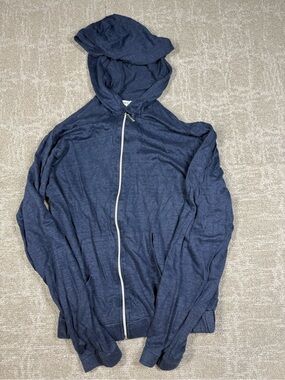 Angela Romano Amalfi Blue 100% Linen Full Zip Hooded Sweatshirt Size large